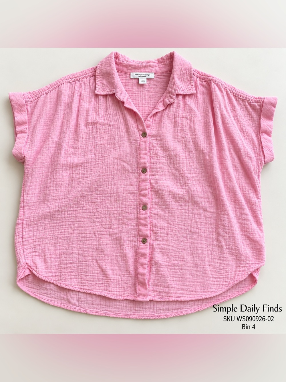 BeachLunchLounge Pink Cotton Gauze Button Down Shirt M Oversized